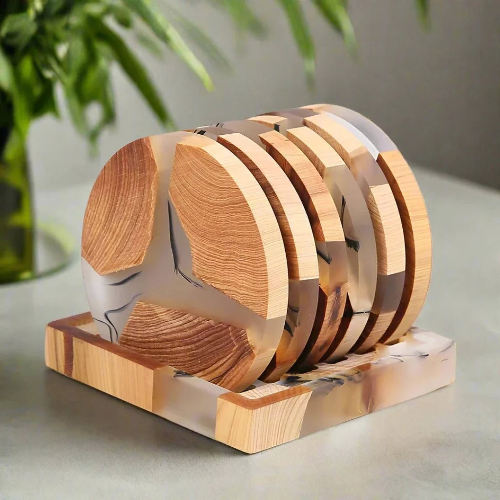 Modern Japanese Wooden Coaster Set for Tabletop Protection Round