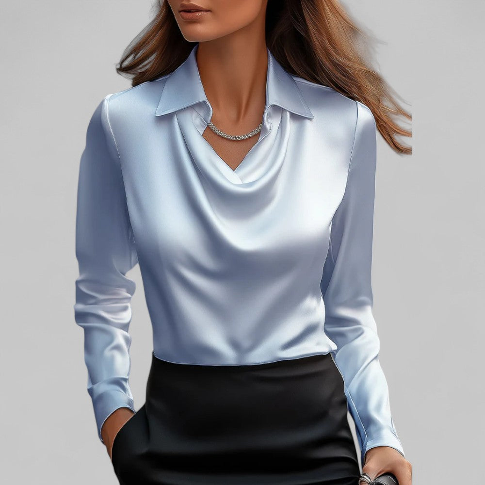 Women’s Elegant Blouse with Waterfall Neckline and Long Sleeves Blue