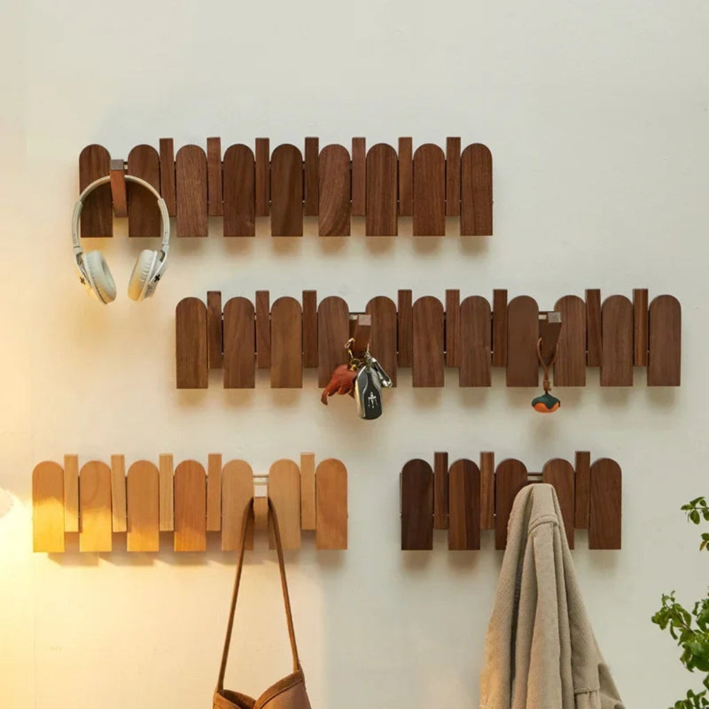 Walnut Wooden Wall Coat Rack | Minimalist Foldable Hooks