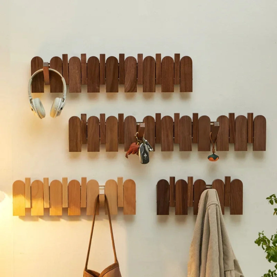 Walnut Wooden Wall Coat Rack | Minimalist Foldable Hooks
