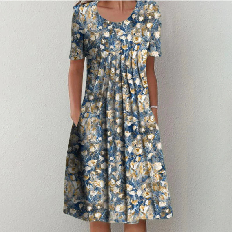 Women’s Casual Midi Dress with Floral Print and Pockets Light Blue Floral Print