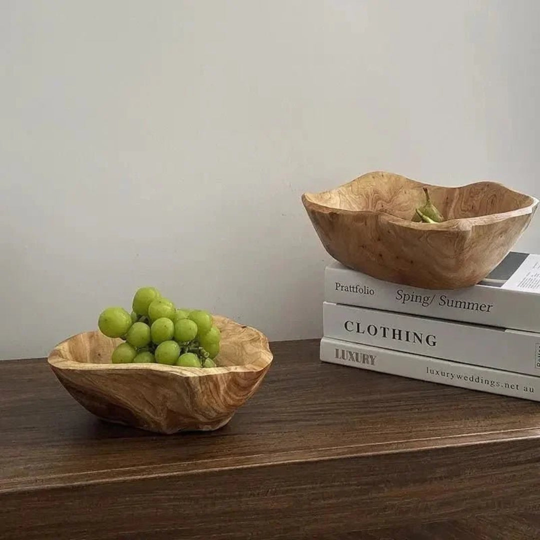 Rustic Carved Wood Fruit Bowl for Home Table Styling Decor