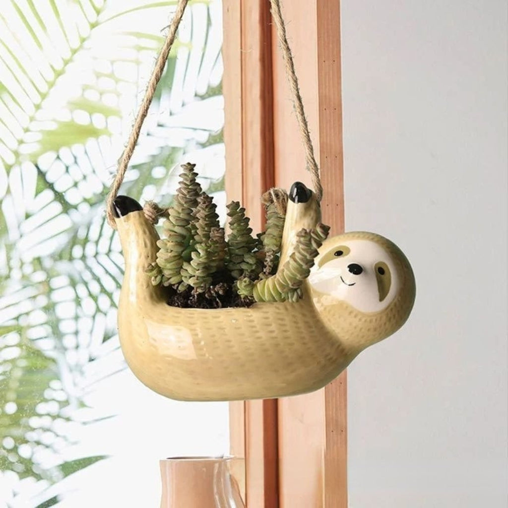 Creative Ceramic Sloth Hanging Flowerpot with Hemp Rope Sloth Pot Khaki