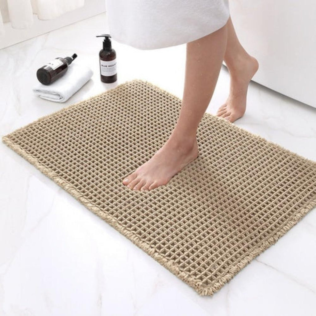 Plush Waffle Bath Mat | Absorbent Non Slip Bathroom Rug Beige