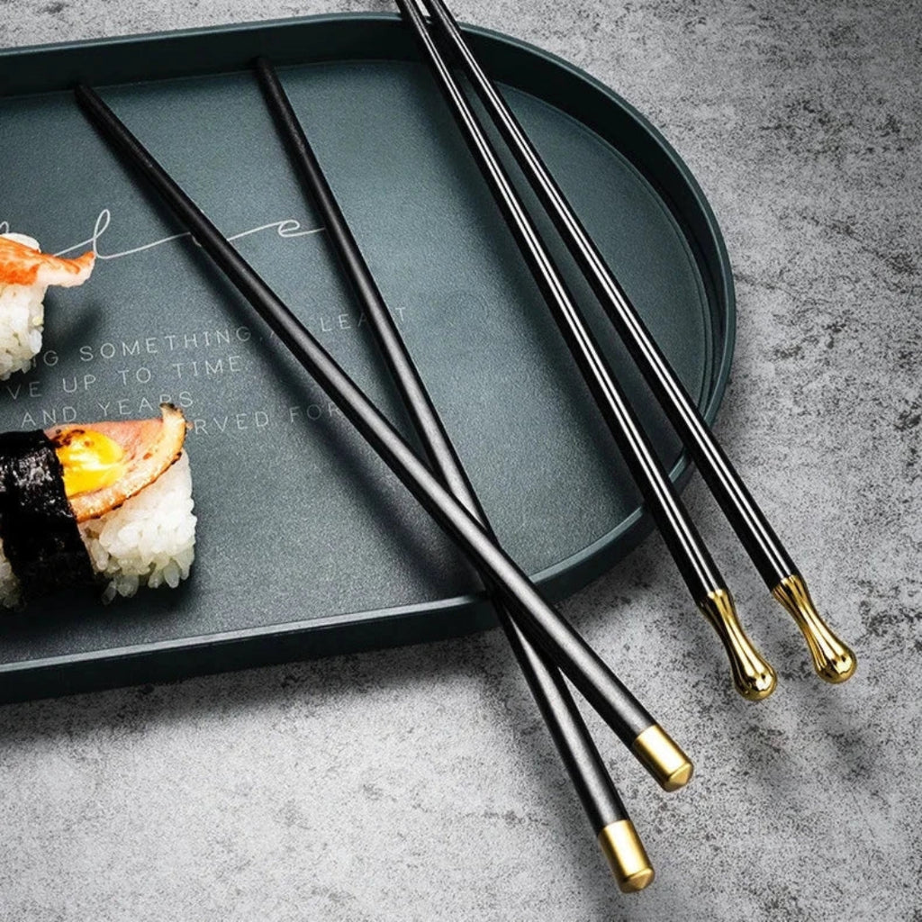 Luxe Metal Chopsticks Set of 5 | Modern Black Gold Design