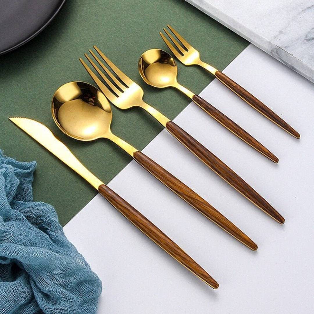 Wooden Handle Cutlery Set | Elegant Stainless Flatware Table