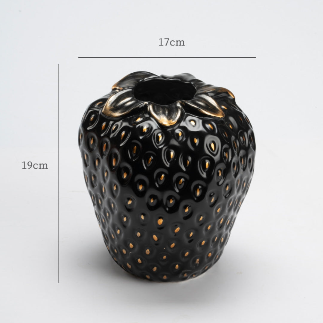 Designer Strawberry Ceramic Vase | Unique Tabletop Decor Black