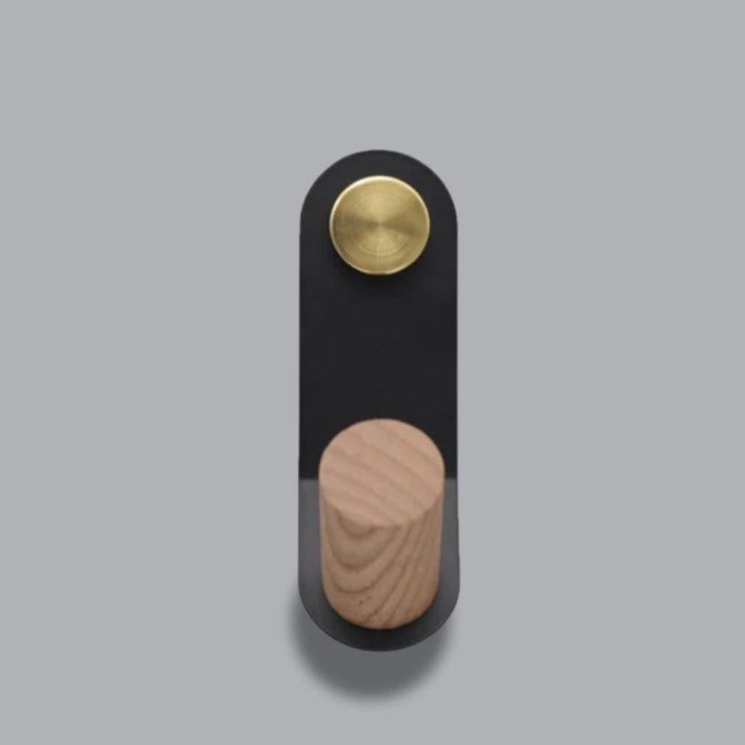Nordic Pastel Wall Hook with Oak Wood and Brass Accent Trim Black