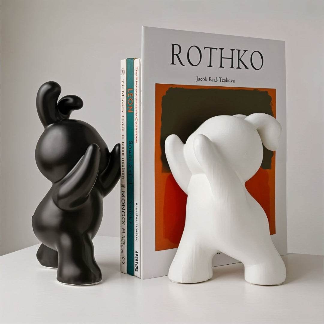 Playful Rabbit Bookends Set as a Stylish Shelf Accent Decor Matte black and white
