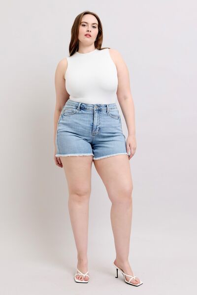 Women’s Plus Size Tummy Control Raw Hemmed Denim Shorts