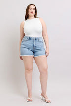 Women’s Plus Size Tummy Control Raw Hemmed Denim Shorts