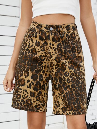 Women’s Leopard Print High Waist Denim Shorts
