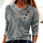 Women’s Long Sleeve Cowl Neck Paisley Print Blouse Gray