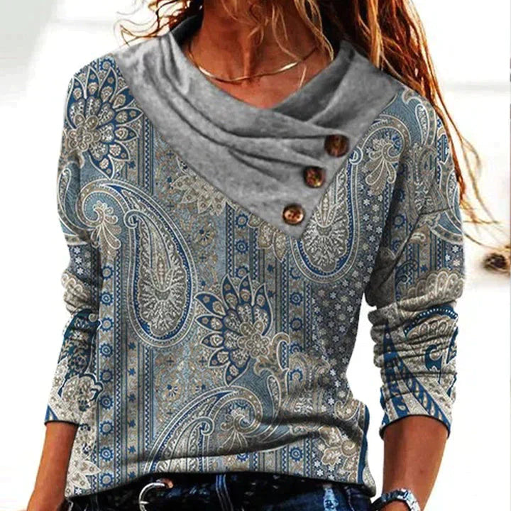 Women’s Long Sleeve Cowl Neck Paisley Print Blouse Gray