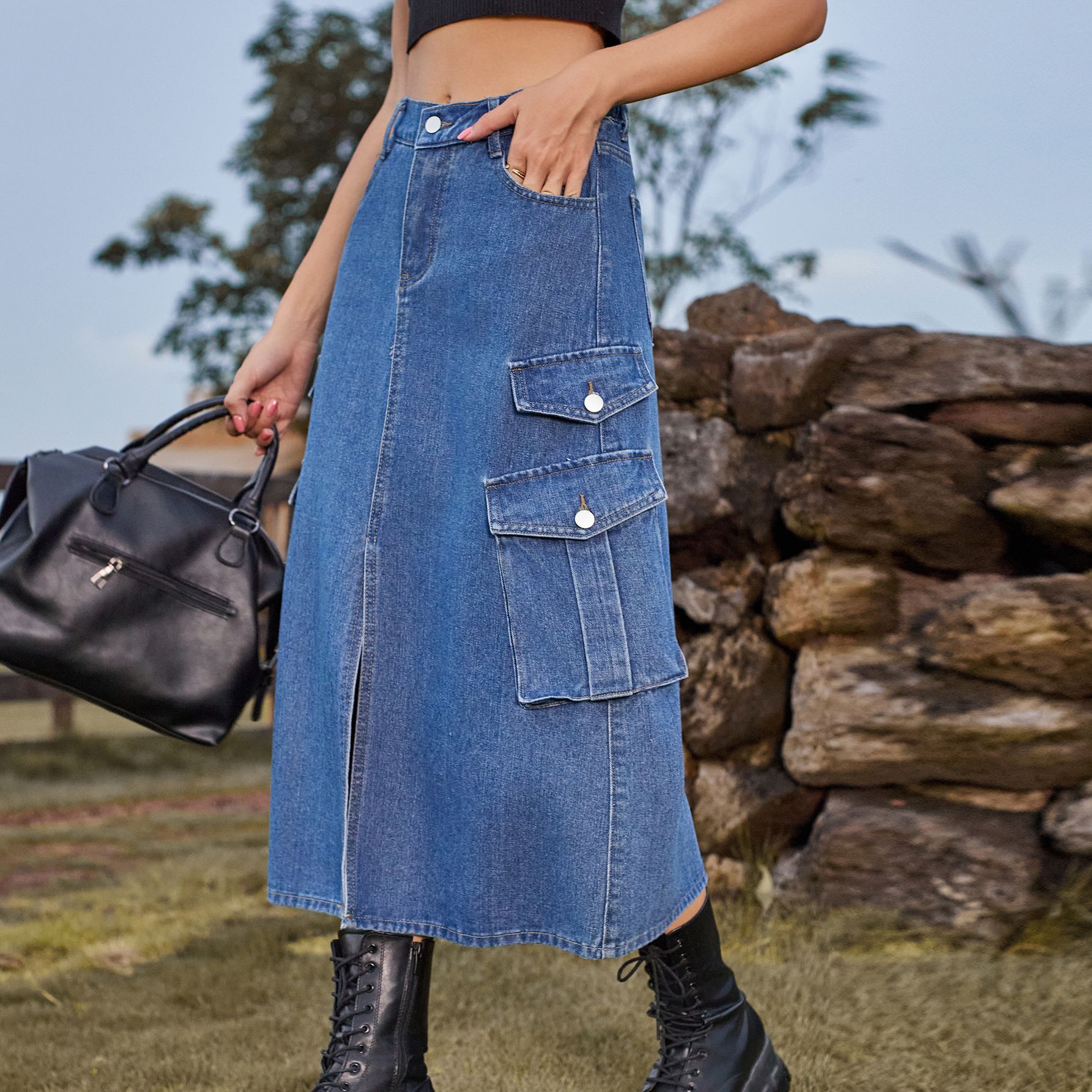 Women’s Elegant Denim Cargo Skirt Blue Denim