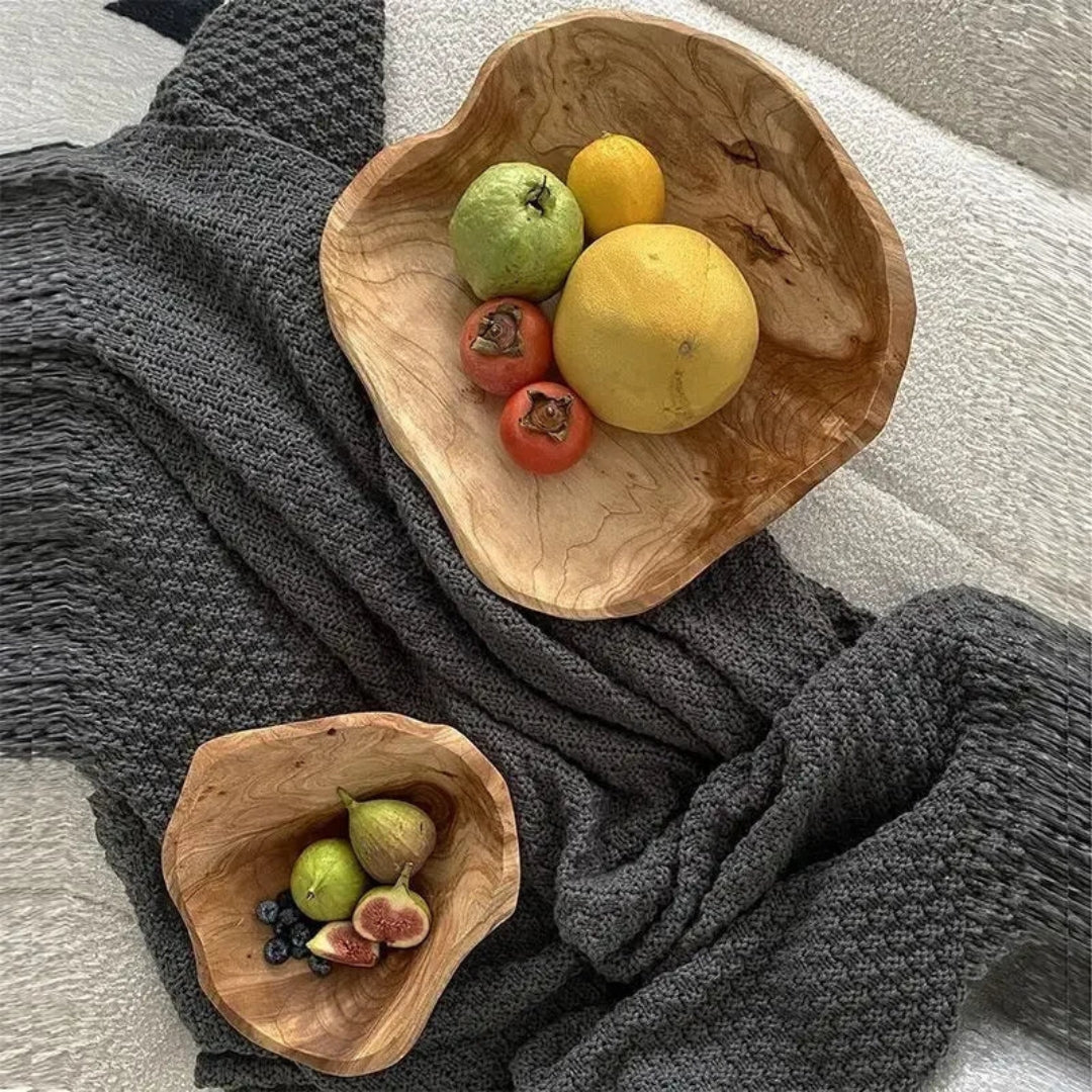 Rustic Carved Wood Fruit Bowl for Home Table Styling Decor