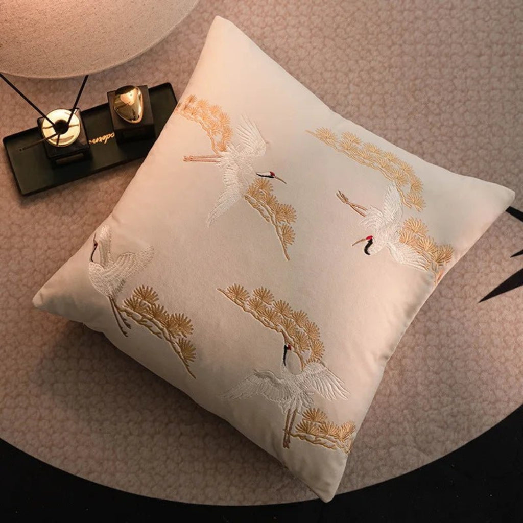 Classic Crane and Pine Embroidered Cushion Cover Decor Set White
