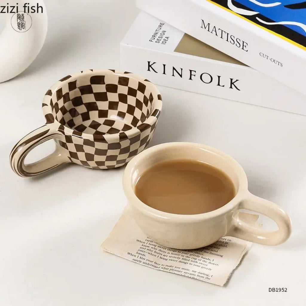 Graphic Checkered Ceramic Mug 200ml Daily Use Cup Plain brown