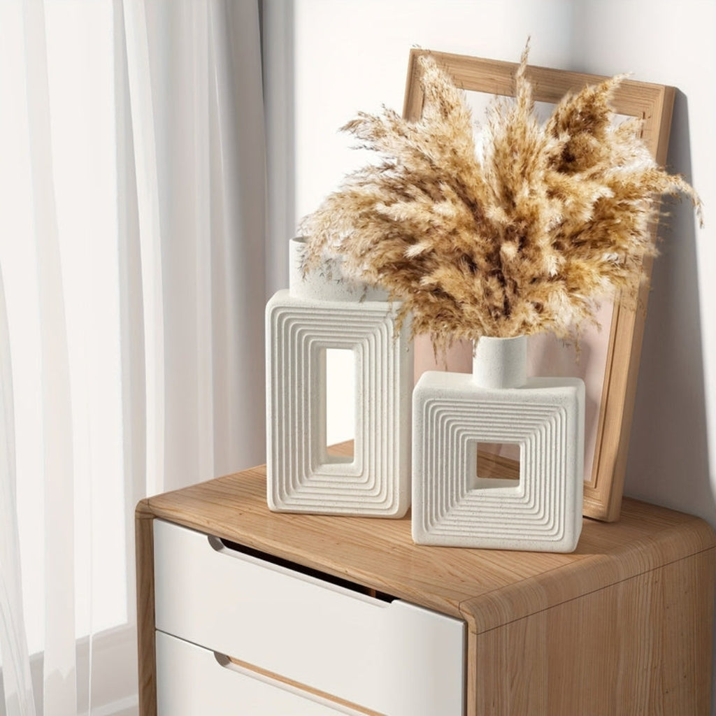Elegant White Ceramic Vase Set with Geometric Boho Design