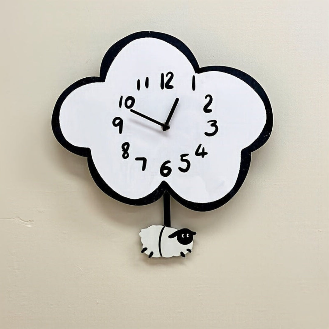 Whimsical Cartoon Wall Clock with Swinging Sheep | Fun Decor Off-White