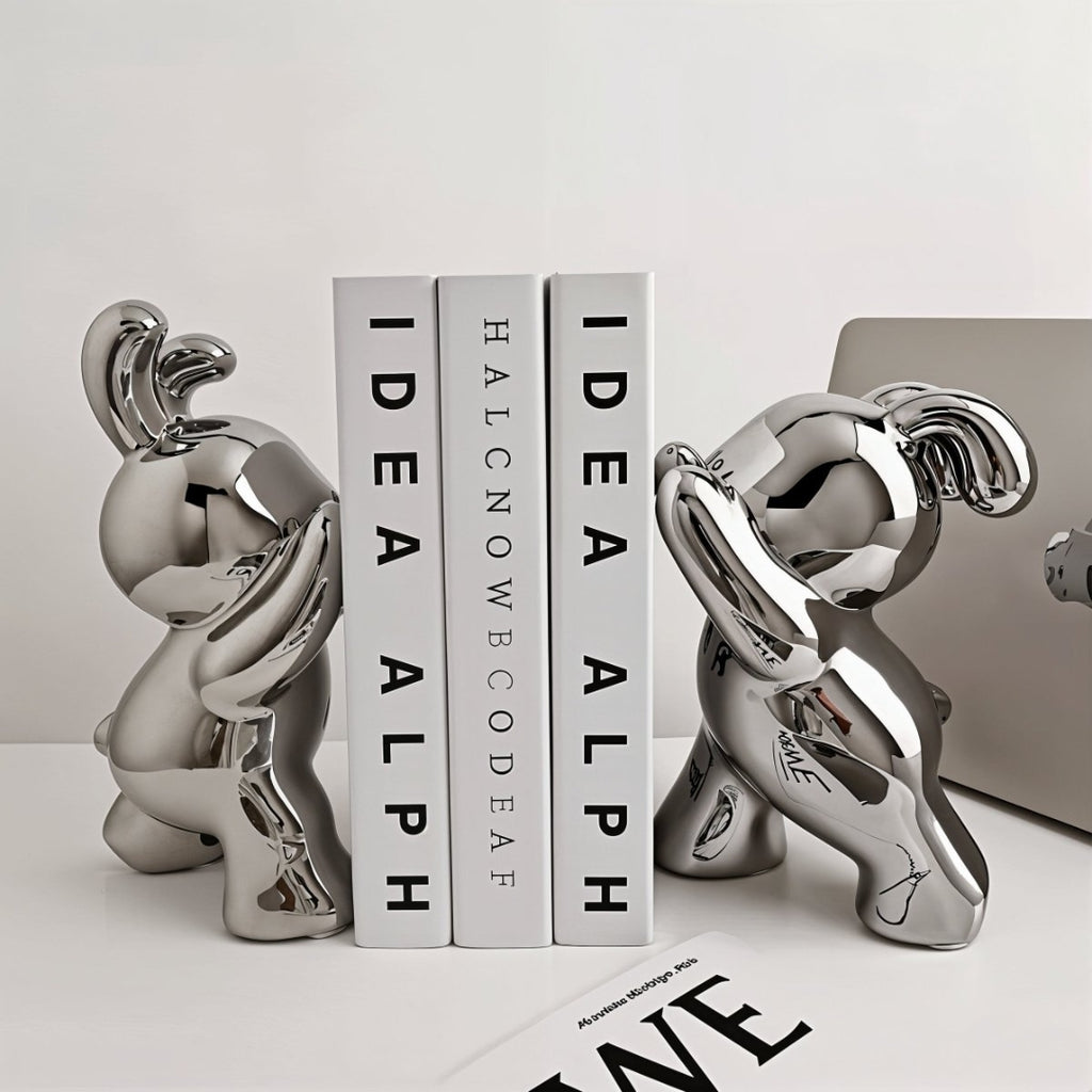 Playful Rabbit Bookends Set as a Stylish Shelf Accent Decor Silver