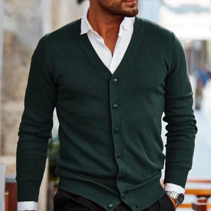 Men’s Classic Button-Down Cardigan with Front Pockets Dark Green