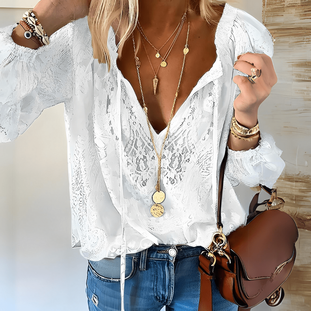 Women’s Elegant Boho V Neck Blouse – Relaxed Summer Top White
