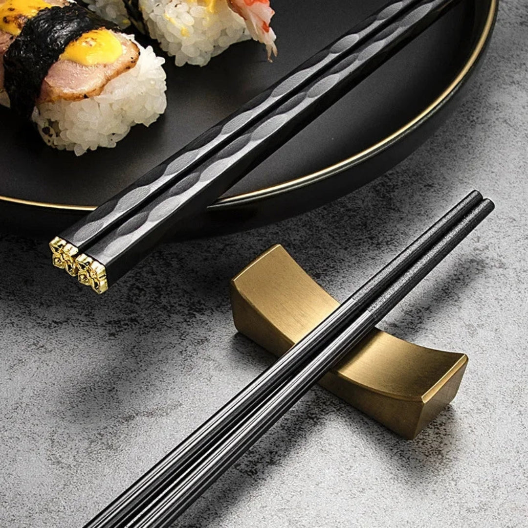 Luxe Metal Chopsticks Set of 5 | Modern Black Gold Design