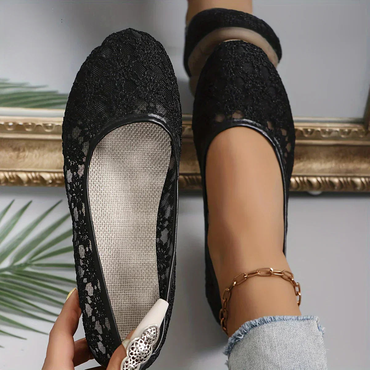 Women’s Floral Pattern Ballerina Flats Black