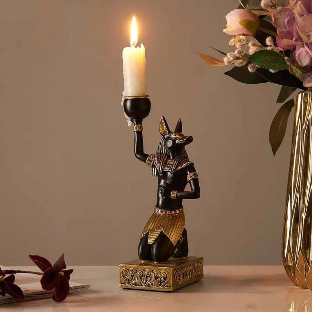 Sculptural Egyptian Candle Stand for Tabletop Decor Display Anubis