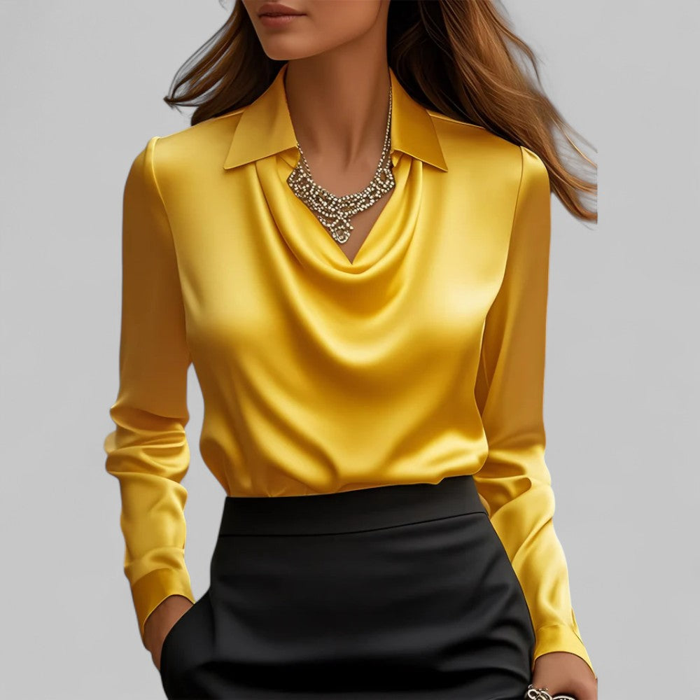 Women’s Elegant Blouse with Waterfall Neckline and Long Sleeves Yellow
