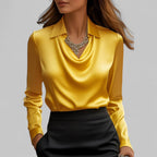 Women’s Elegant Blouse with Waterfall Neckline and Long Sleeves Yellow
