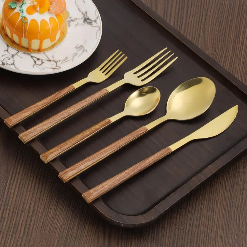 Elegant Cutlery Set with Wood-Inspired Handles for Dining Gold
