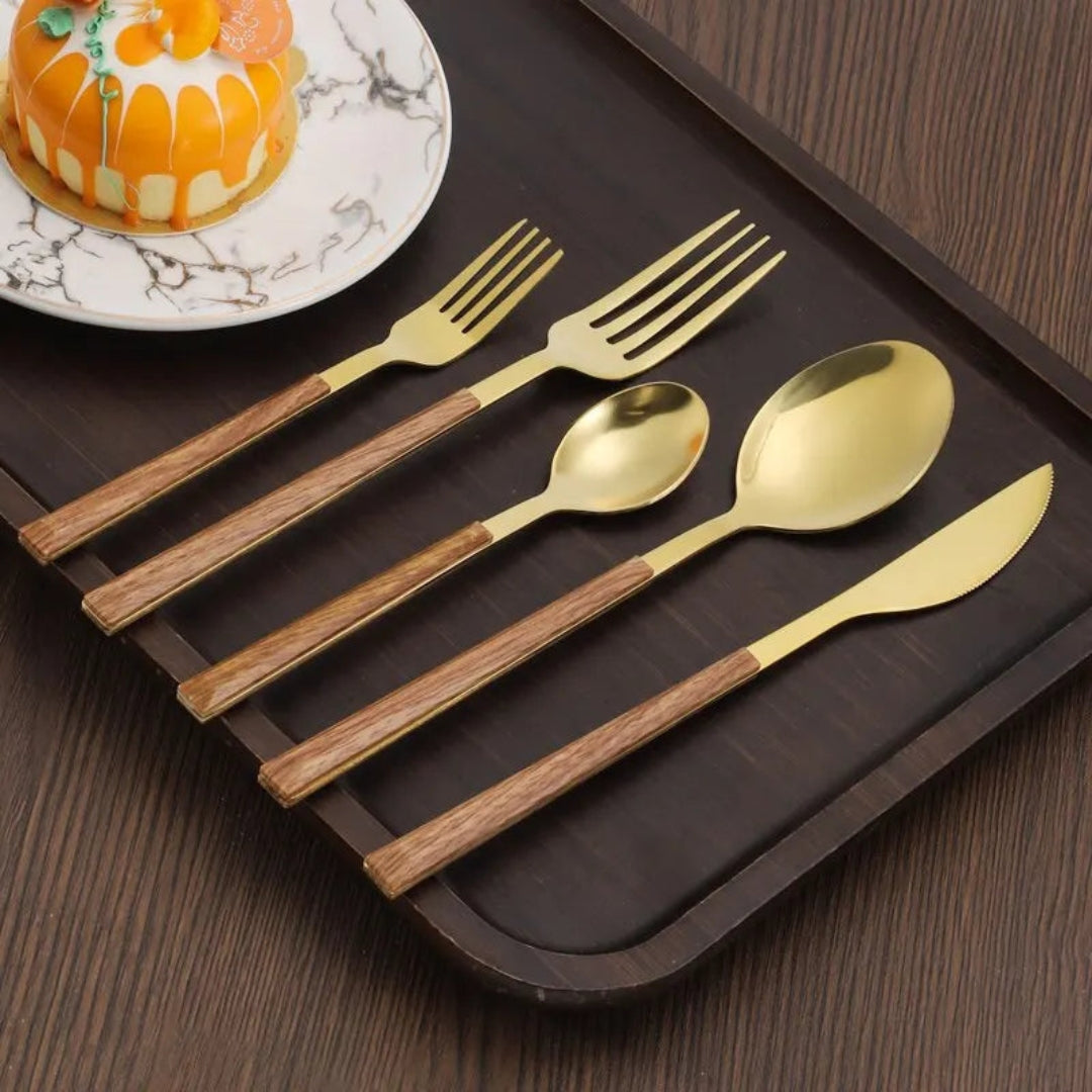 Elegant Cutlery Set with Wood-Inspired Handles for Dining Gold