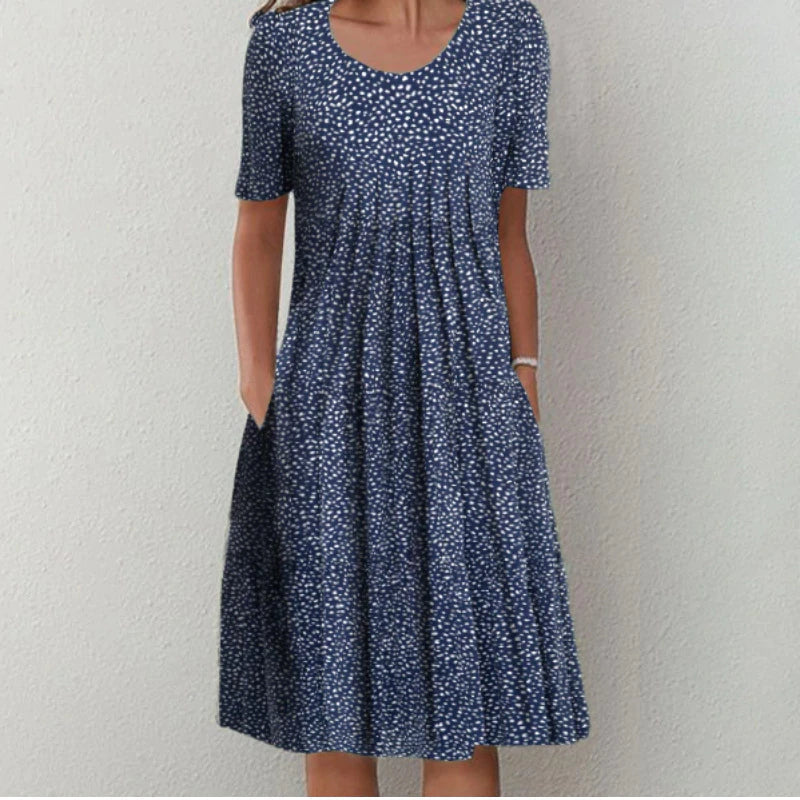 Women’s Casual Midi Dress with Floral Print and Pockets Dark Blue