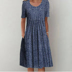 Women’s Casual Midi Dress with Floral Print and Pockets Dark Blue