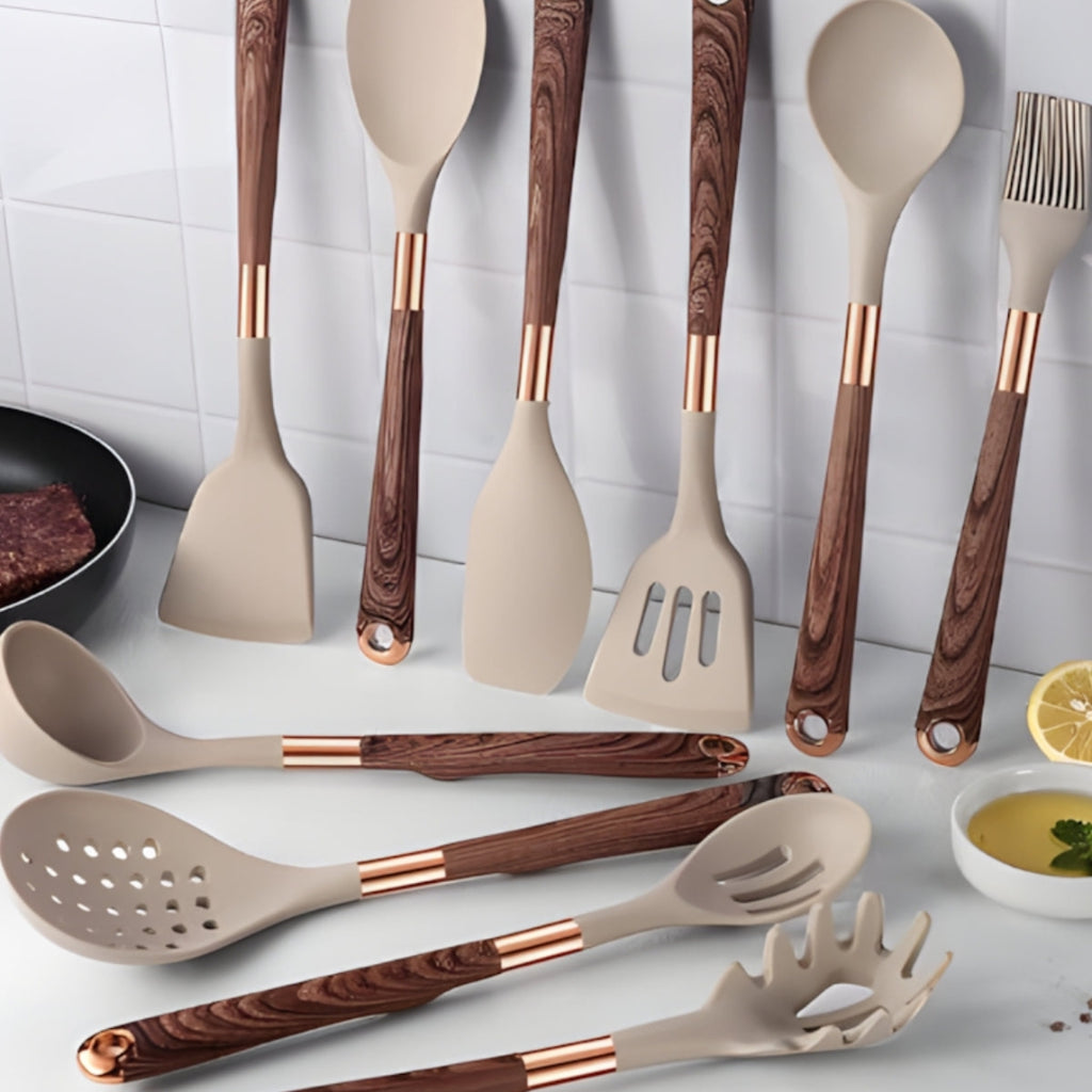 Modern Kitchen Utensil Set with Gold Accent Handles Home