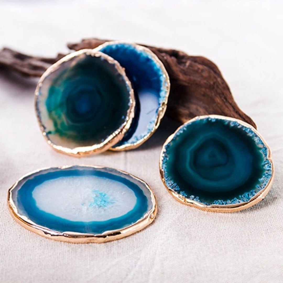 Elegant Blue Agate Coaster Set with Polished Gold Edges