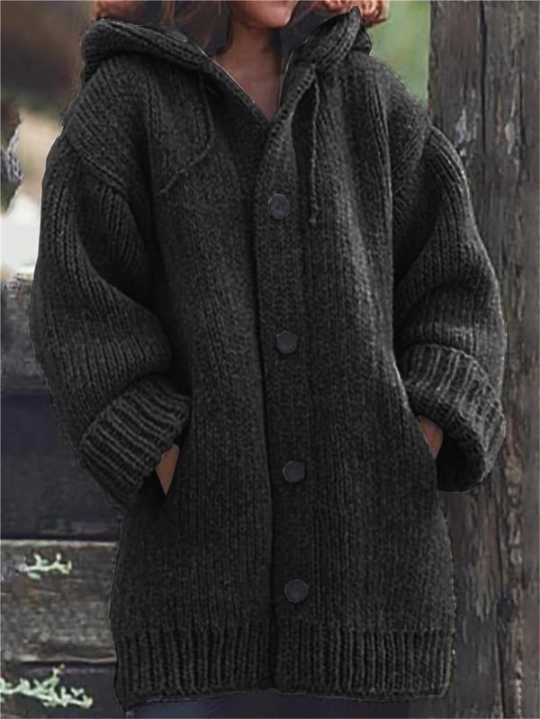Women’s Hooded Oversized Knit Cardigan with Pockets Black