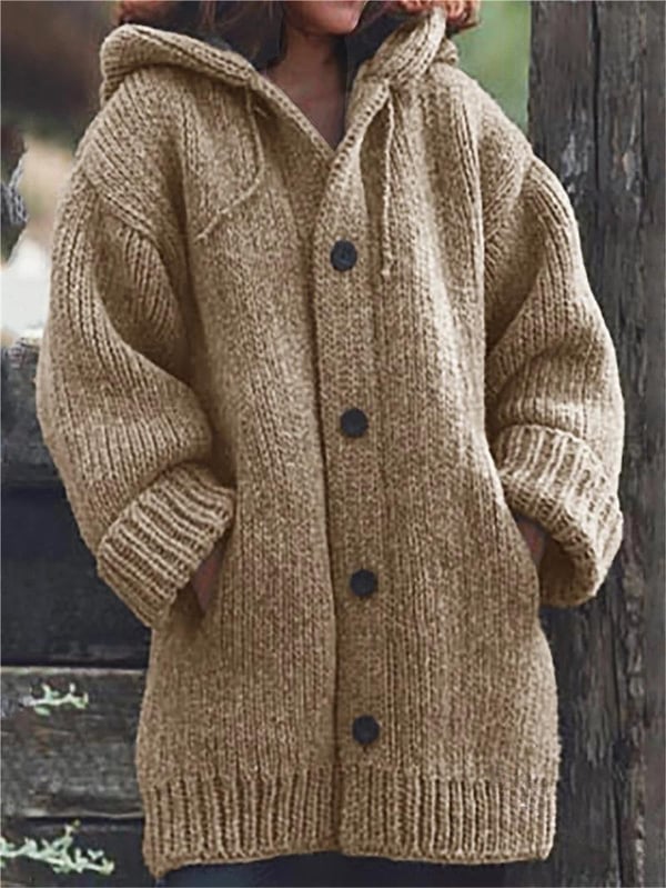 Women’s Hooded Oversized Knit Cardigan with Pockets Khaki