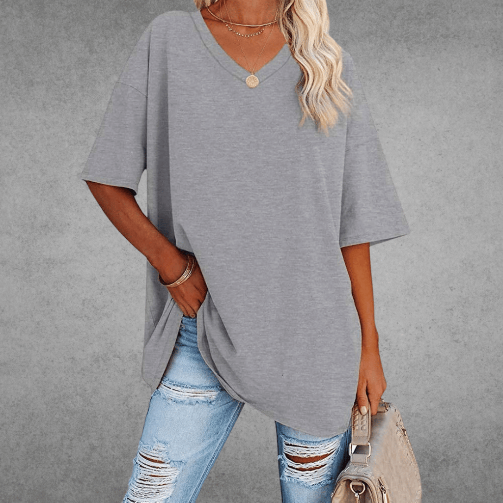 Women’s Relaxed Oversized V-Neck Top Light Gray