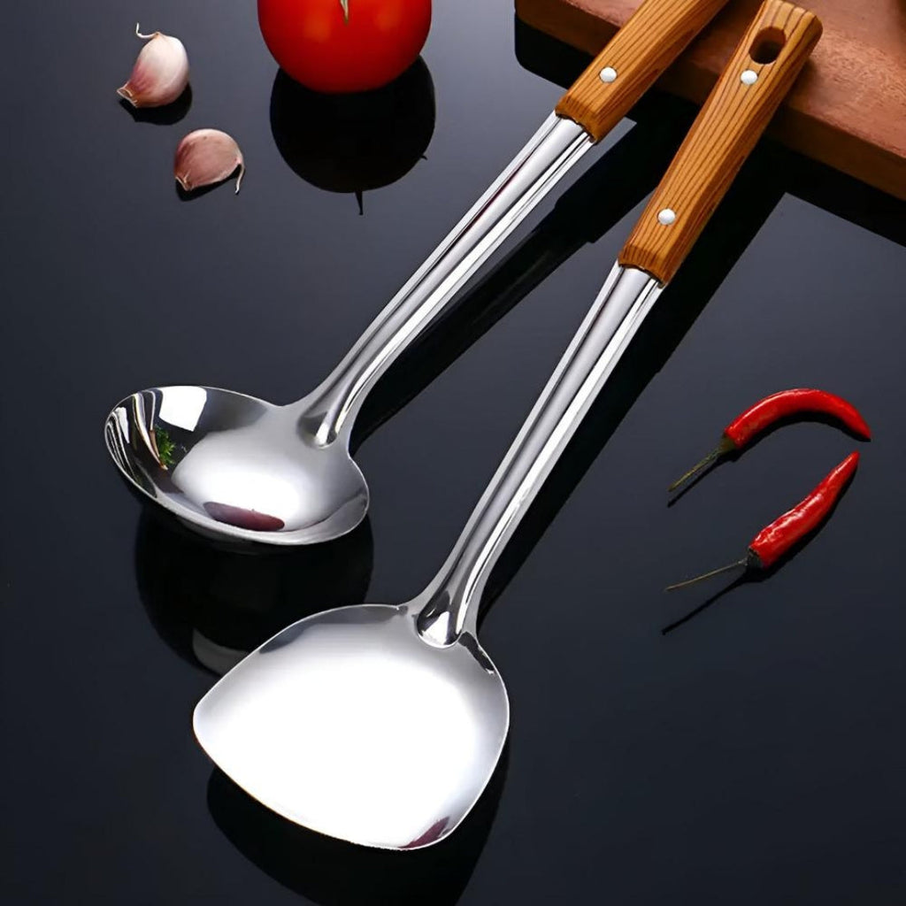 Crafted Stainless Steel Kitchen Cooking Set with Wood Grip