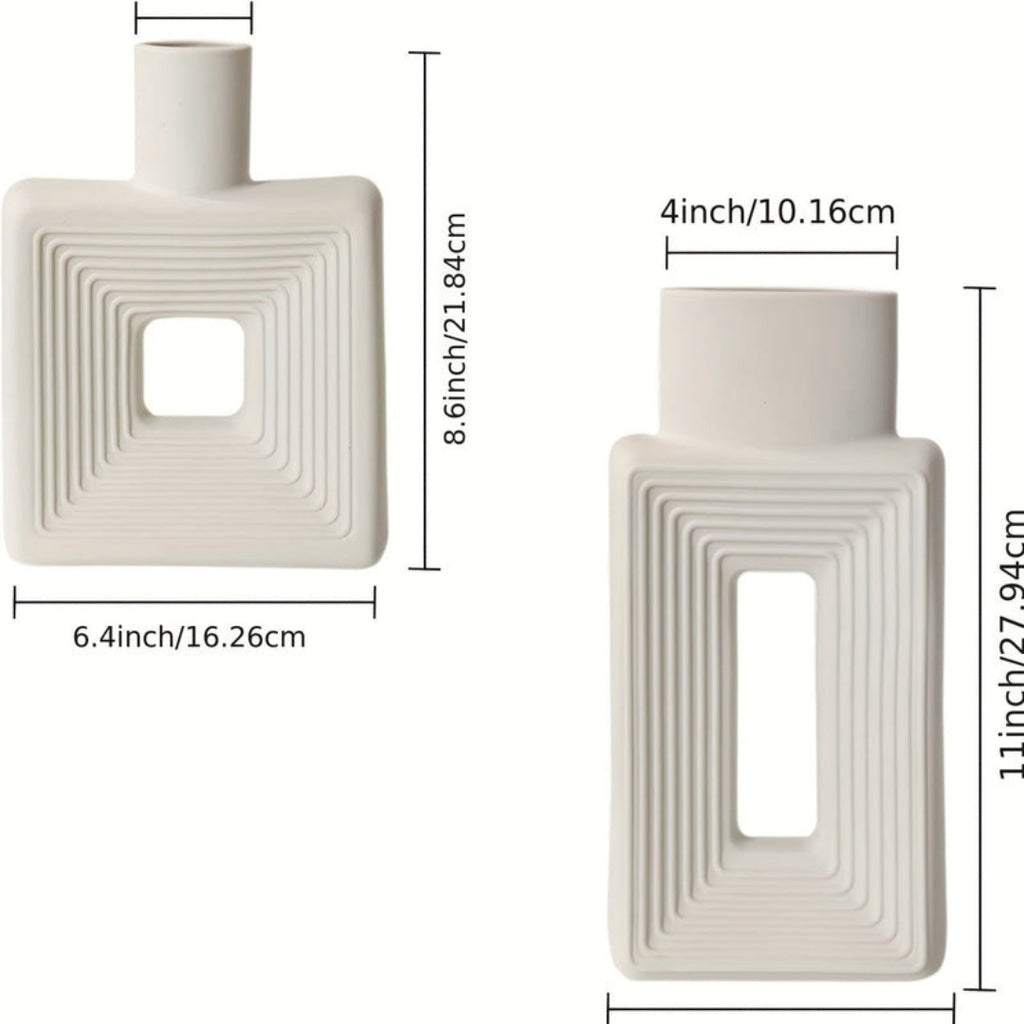 Elegant White Ceramic Vase Set with Geometric Boho Design