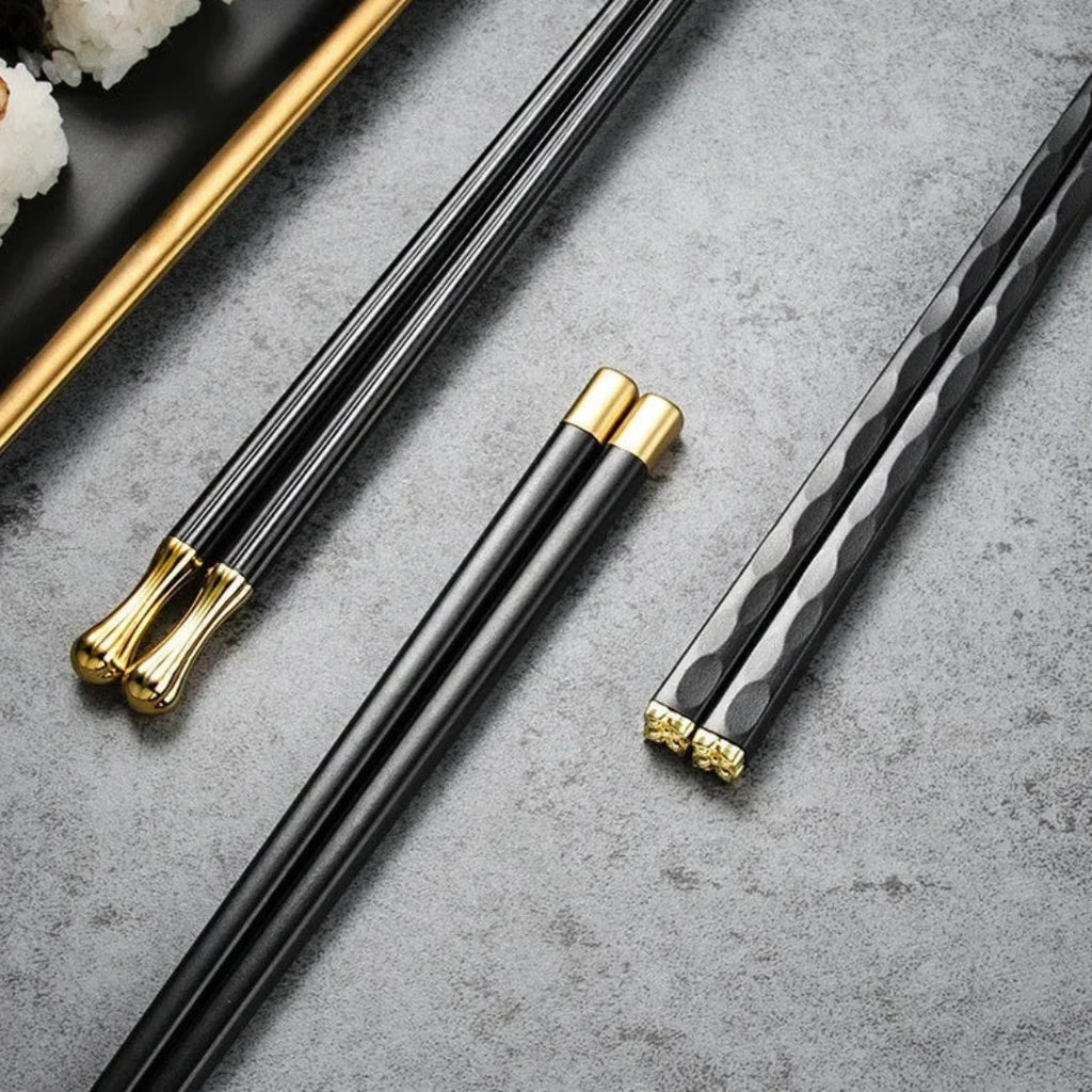 Luxe Metal Chopsticks Set of 5 | Modern Black Gold Design