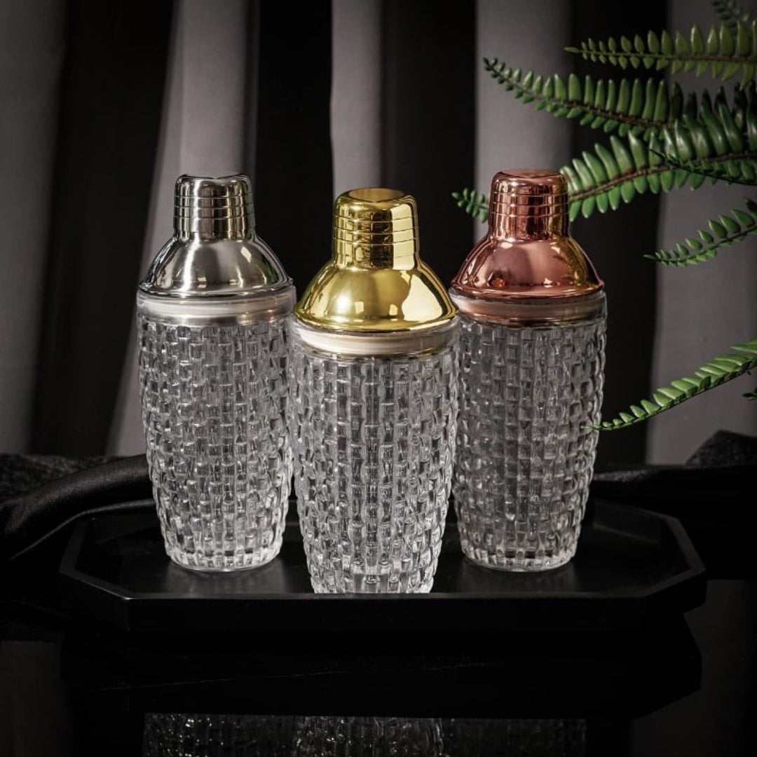Elegant Glass and Gold Steel Cocktail Shaker for Home Bars