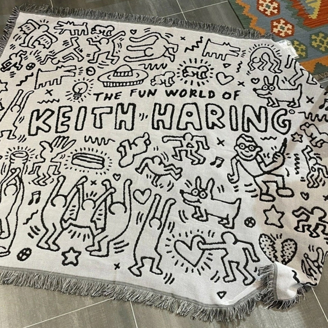 Iconic Keith Haring Jigsaw Throw Blanket for Interior Decor Off-White