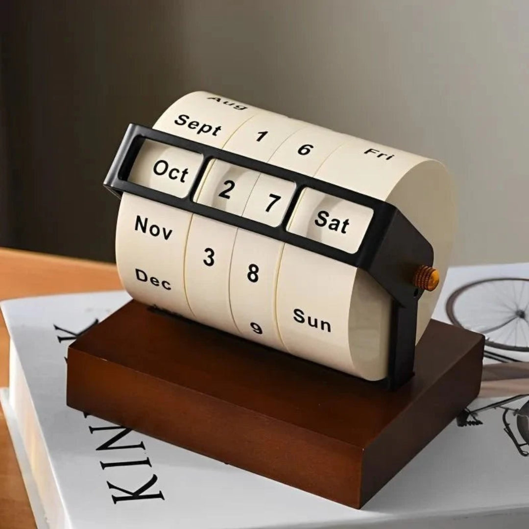 Modern Perpetual Wheel Desk Calendar in Wood and Metal Wooden