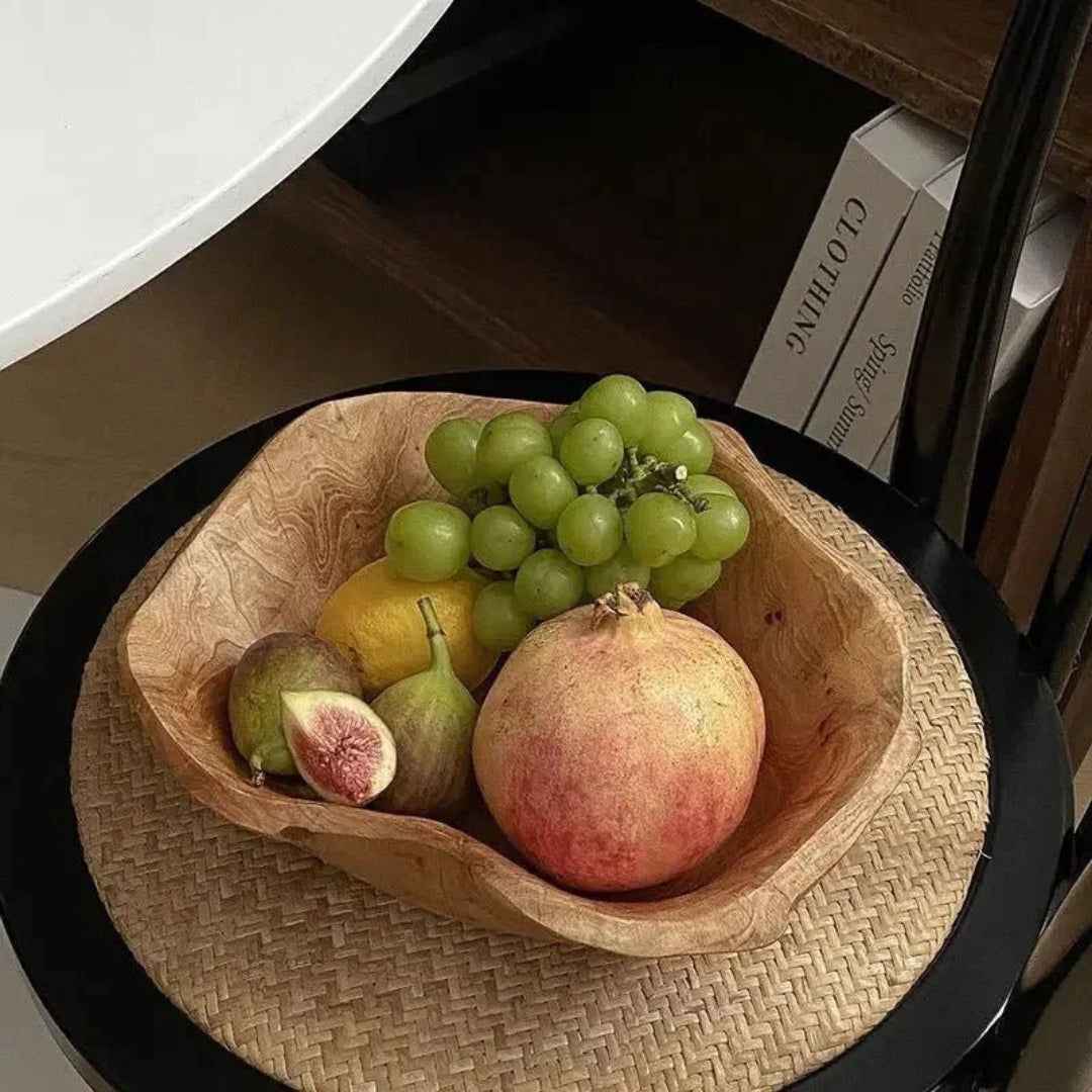 Rustic Carved Wood Fruit Bowl for Home Table Styling Decor