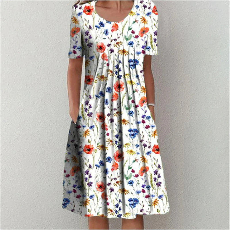 Women’s Casual Midi Dress with Floral Print and Pockets Red Floral Print