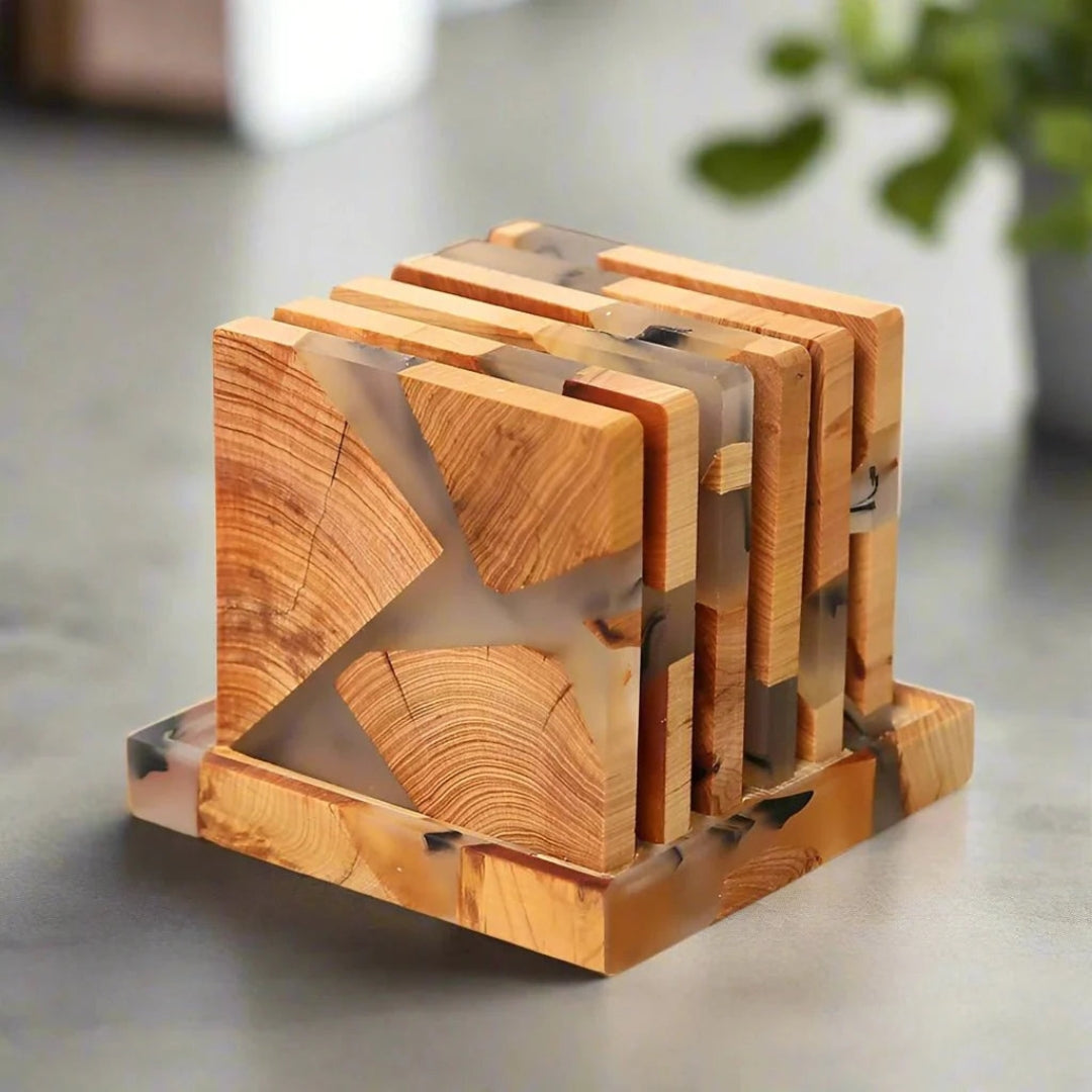 Modern Japanese Wooden Coaster Set for Tabletop Protection Square